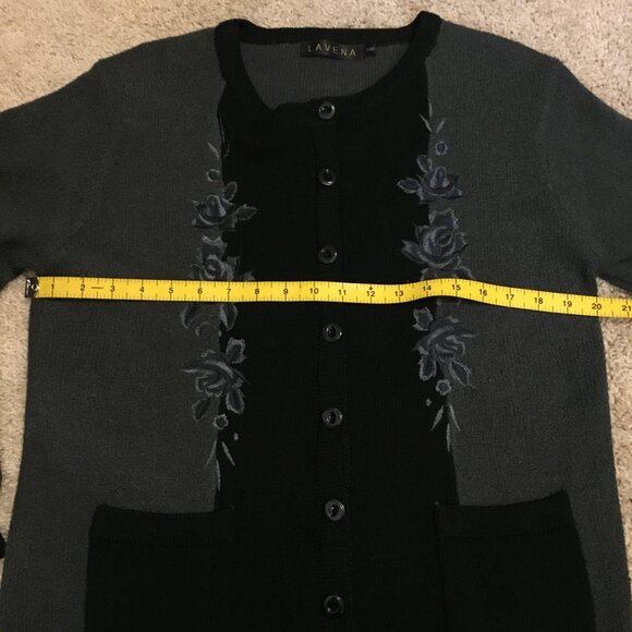 Lavena Black and Grey Embroidered Nubby Button Down Dark Cottage Cardigan - Picture 12 of 15